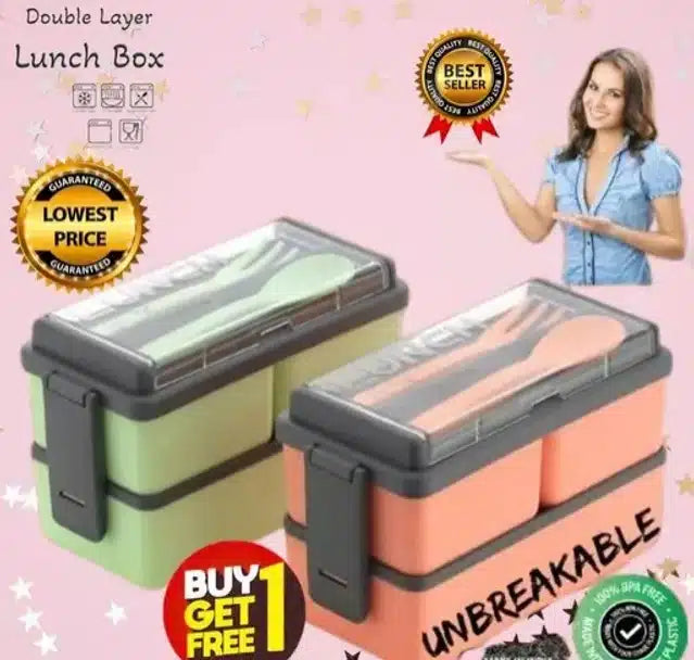 Plastic Lunchbox with Spoon & Fork (Green & Peach, 1500 ml) (Pack of 2)