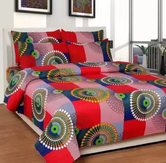 Polycotton Double Bedsheet with Two Pillow Cover (Multicolor, 86X88 Inch) (B32)