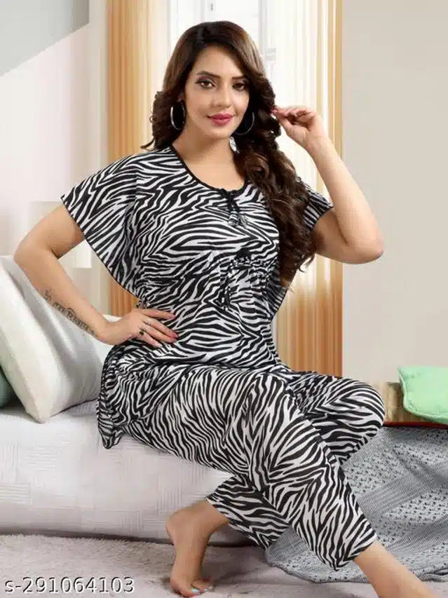 Satin Nightsuit for Women (Black & White, L)