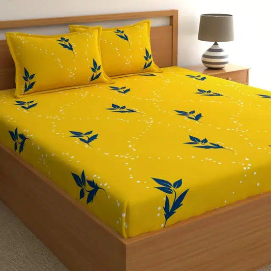 Cotton Floral King Size Bedsheet with 2 Pillow Covers (Mustard, Set of 1)