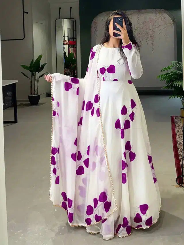 Georgette Printed Gown with Dupatta for Women (Purple & White, S)